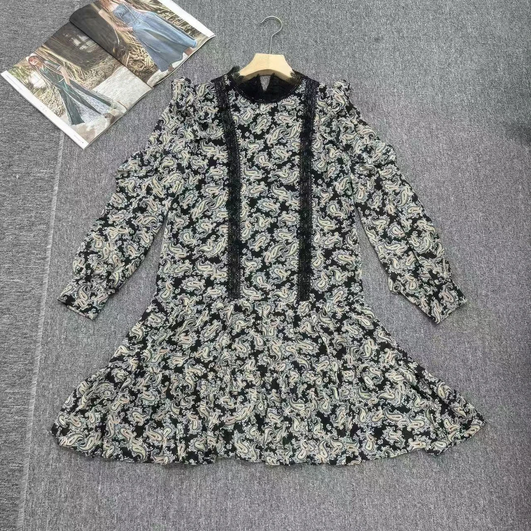 欧货女装原创不撞衫腰果花长袖连衣裙