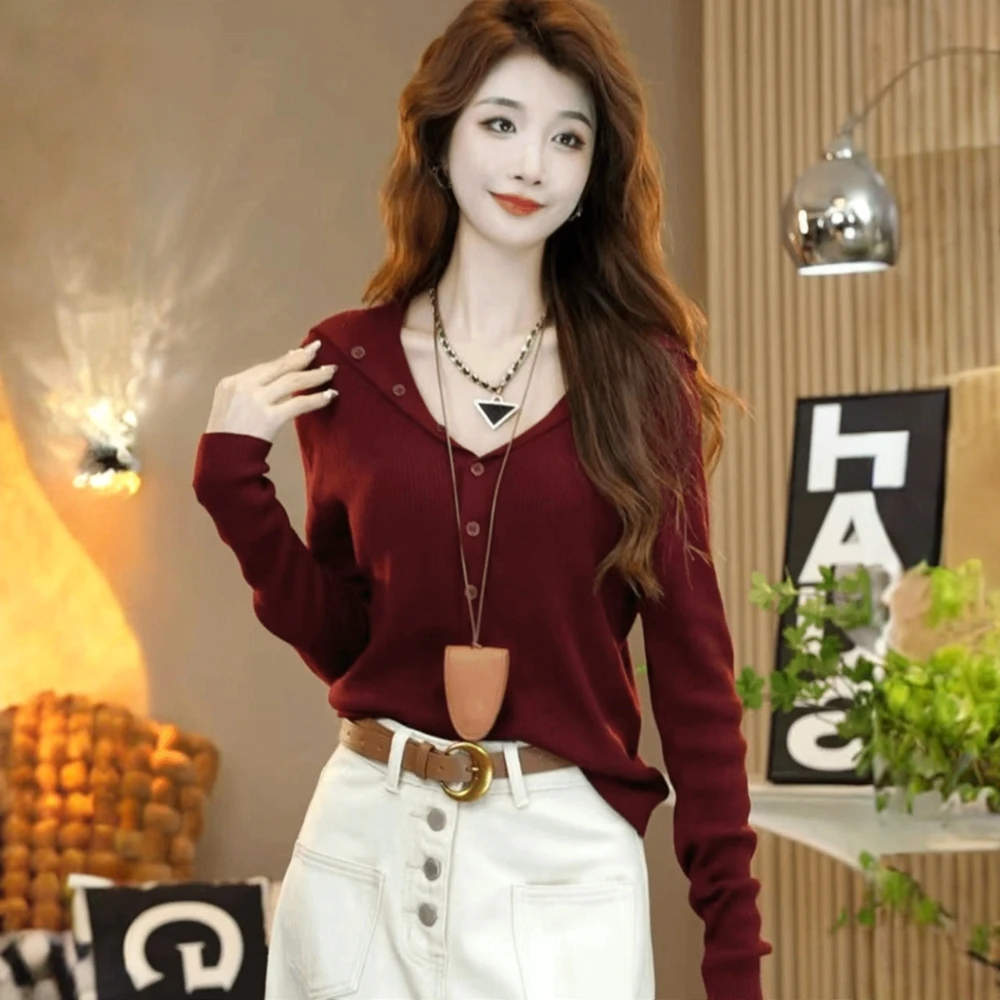 欧货设计感小众简约翻领毛衣女秋季2025新款百搭时尚洋气针织上衣