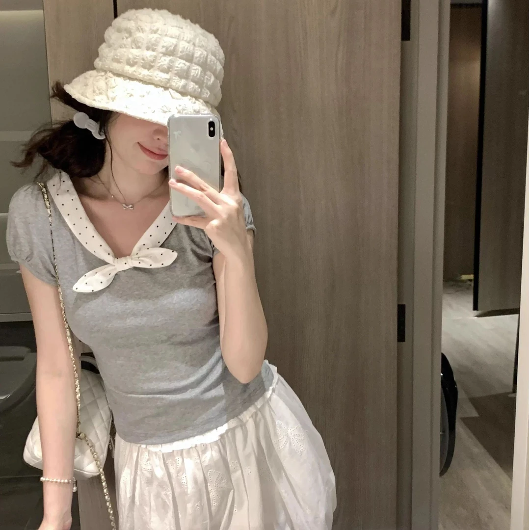 韩系纯欲风波点兔耳朵拼接短袖t恤女夏季甜美风修身显瘦短款上衣