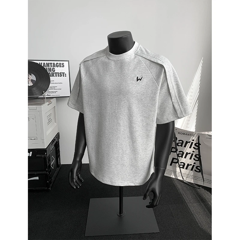 简约刺绣重磅短袖男款夏季凉感拼接设计感小众正肩T恤美式五分袖