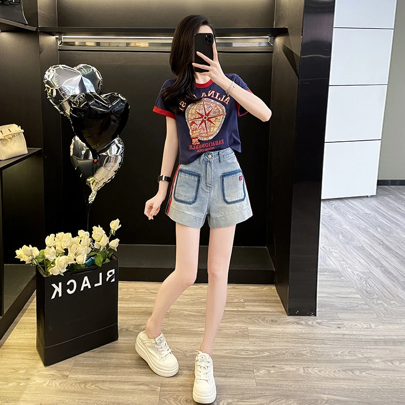 美式复古拼色短款印花短袖T恤女2025新款高腰渐变蓝牛仔短裤套装