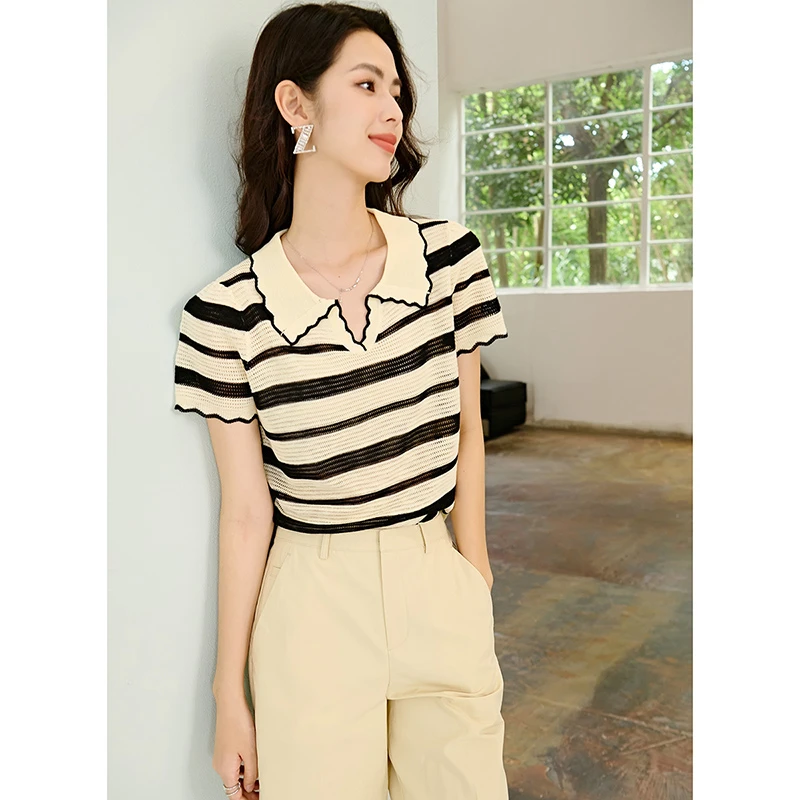 【新品】2025夏短袖条纹翻领套头针织衫女25041523