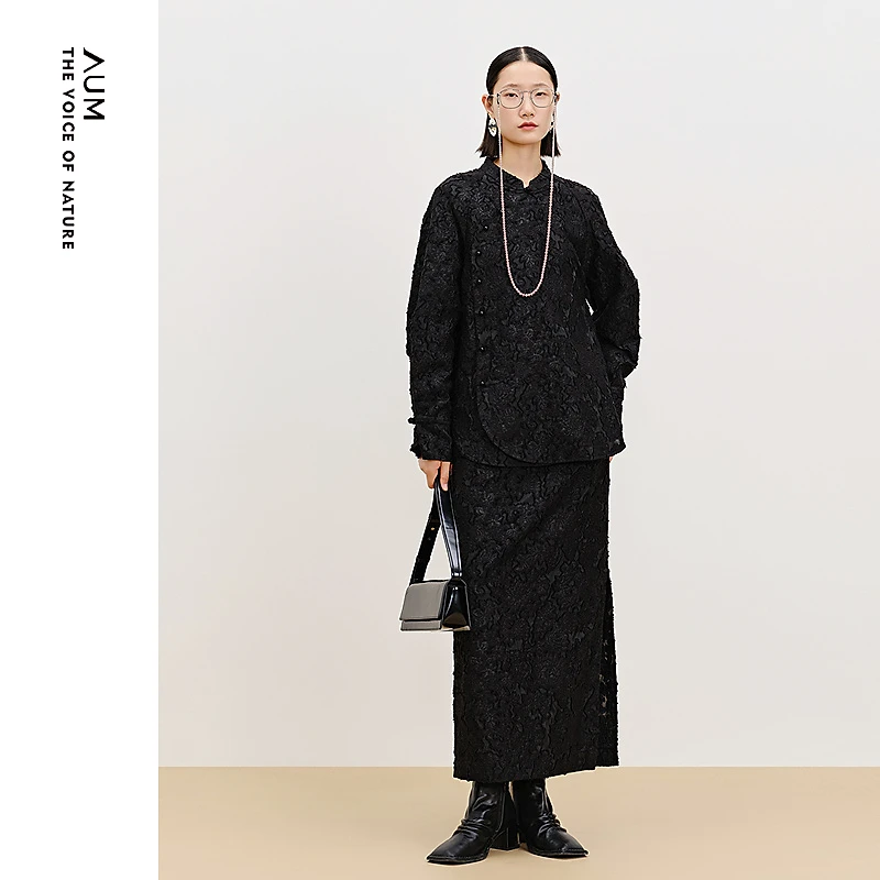【轻松套装】AUM/噢姆春季斜襟优雅国风提花黑色长袖衬衫MCFZ10599