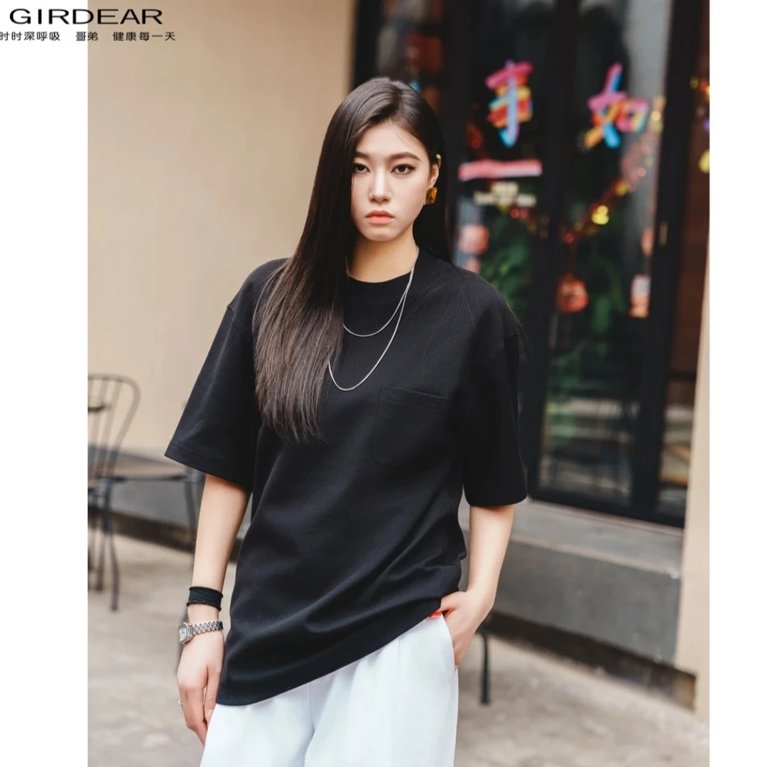 GIRDEAR/哥弟春夏针织短款休闲黑色宽松纯色圆领套头T恤女 130014