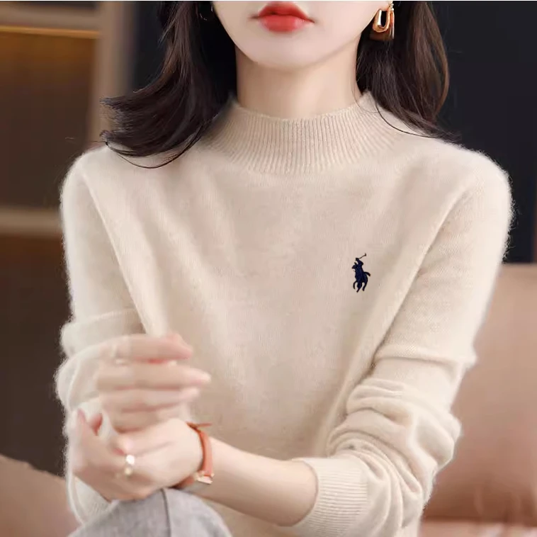 100纯羊毛衫纯色刺绣针织打底衫女新款内搭女士半高领羊毛衫