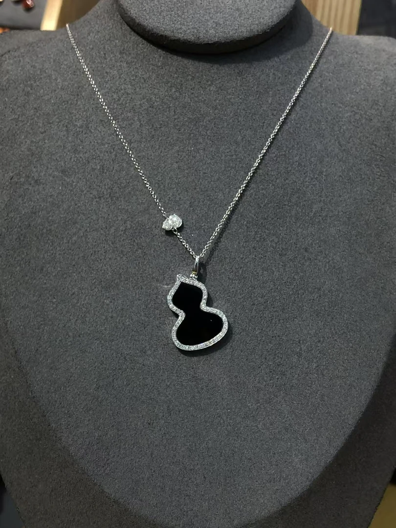 18K金白金色钻石套链 大号黑葫芦套链银色