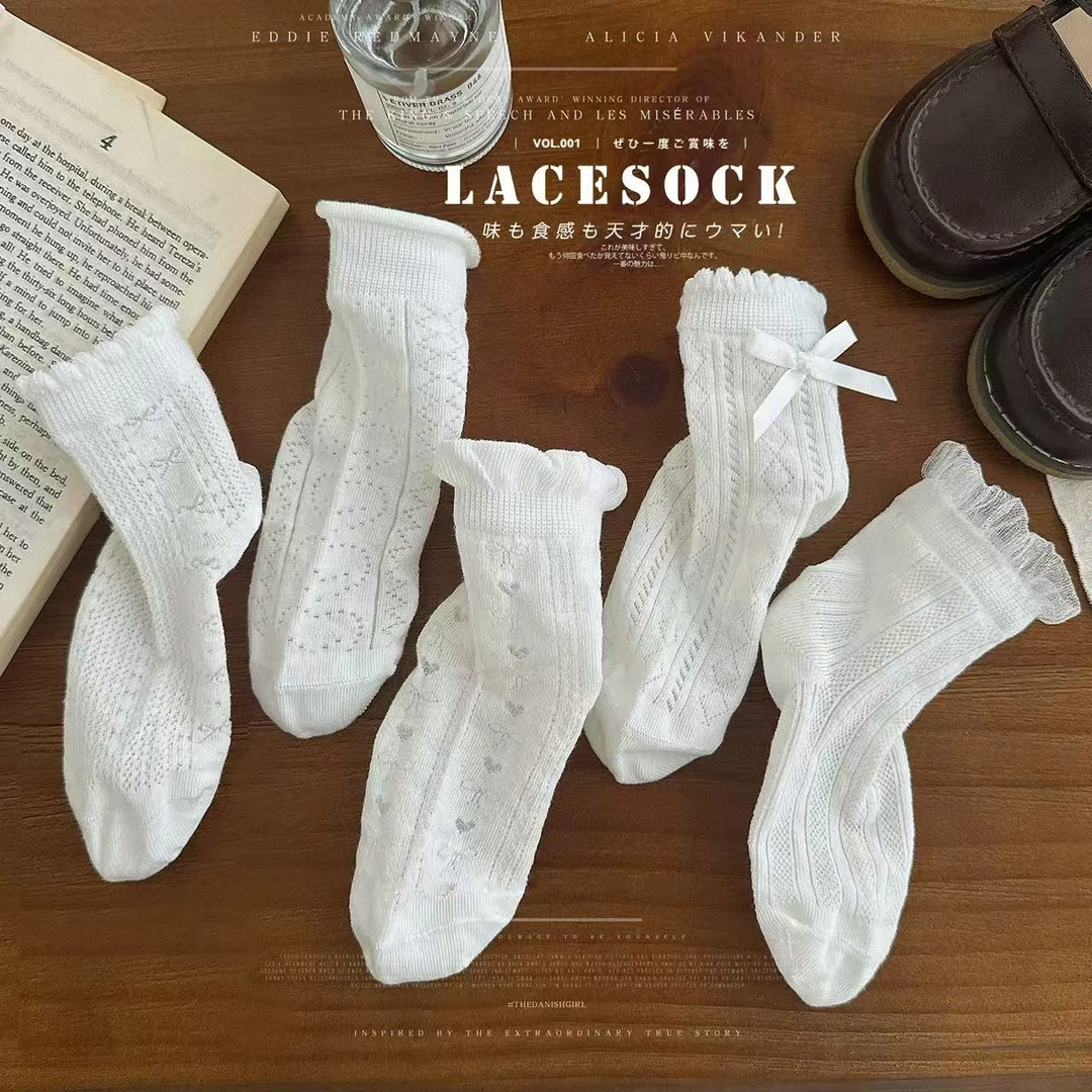 女童袜子夏季薄款白色网眼花边袜女孩学生韩版蝴蝶结公主袜中筒袜