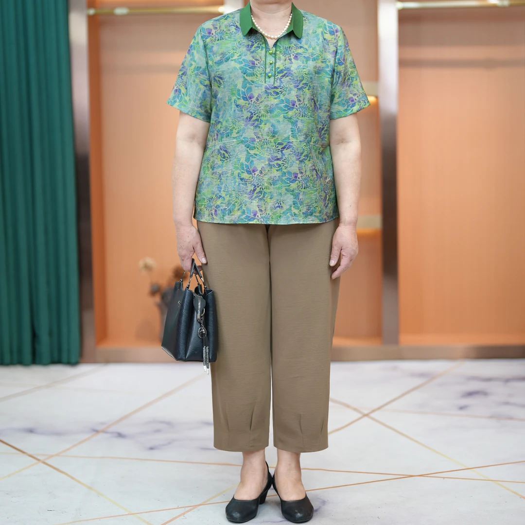 大码妈妈装花色娃娃领套装2025春夏款中老年休闲短袖两件套宽松