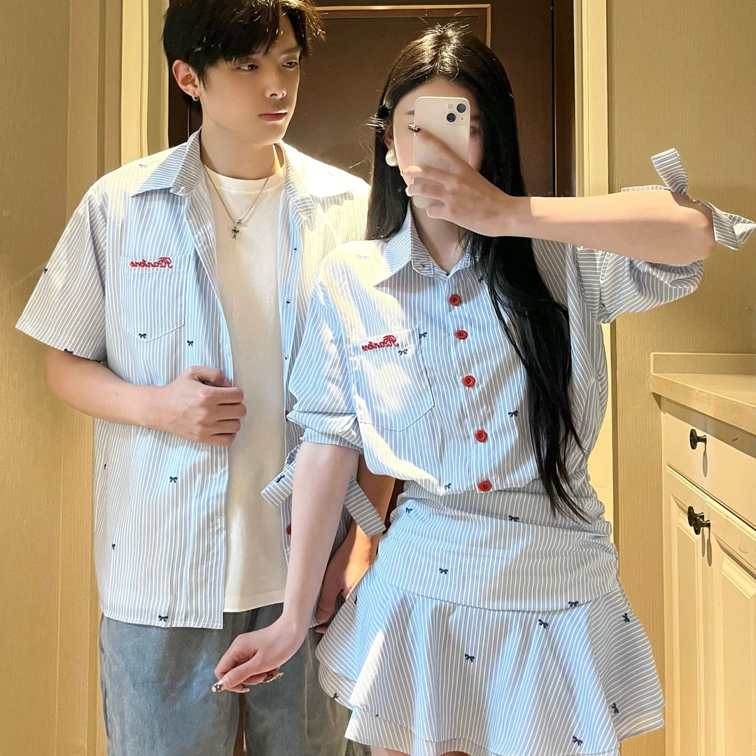 情侣装夏季学院风潮流条纹收腰显瘦女连衣裙男短袖衬衫一裙一衣
