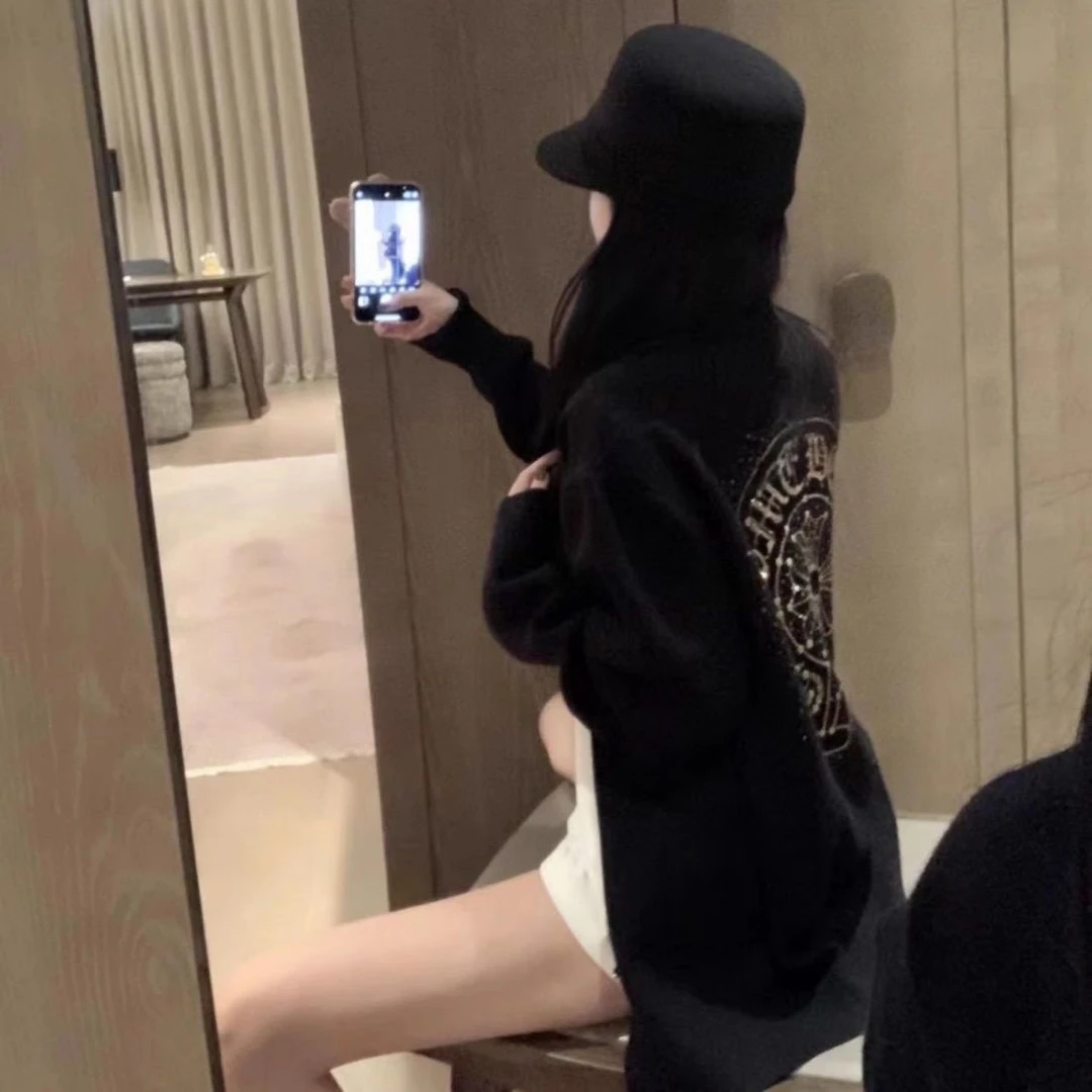 24十字架梵文烫钻针织开衫上衣女秋冬宽松设计感小众毛衣潮小香风