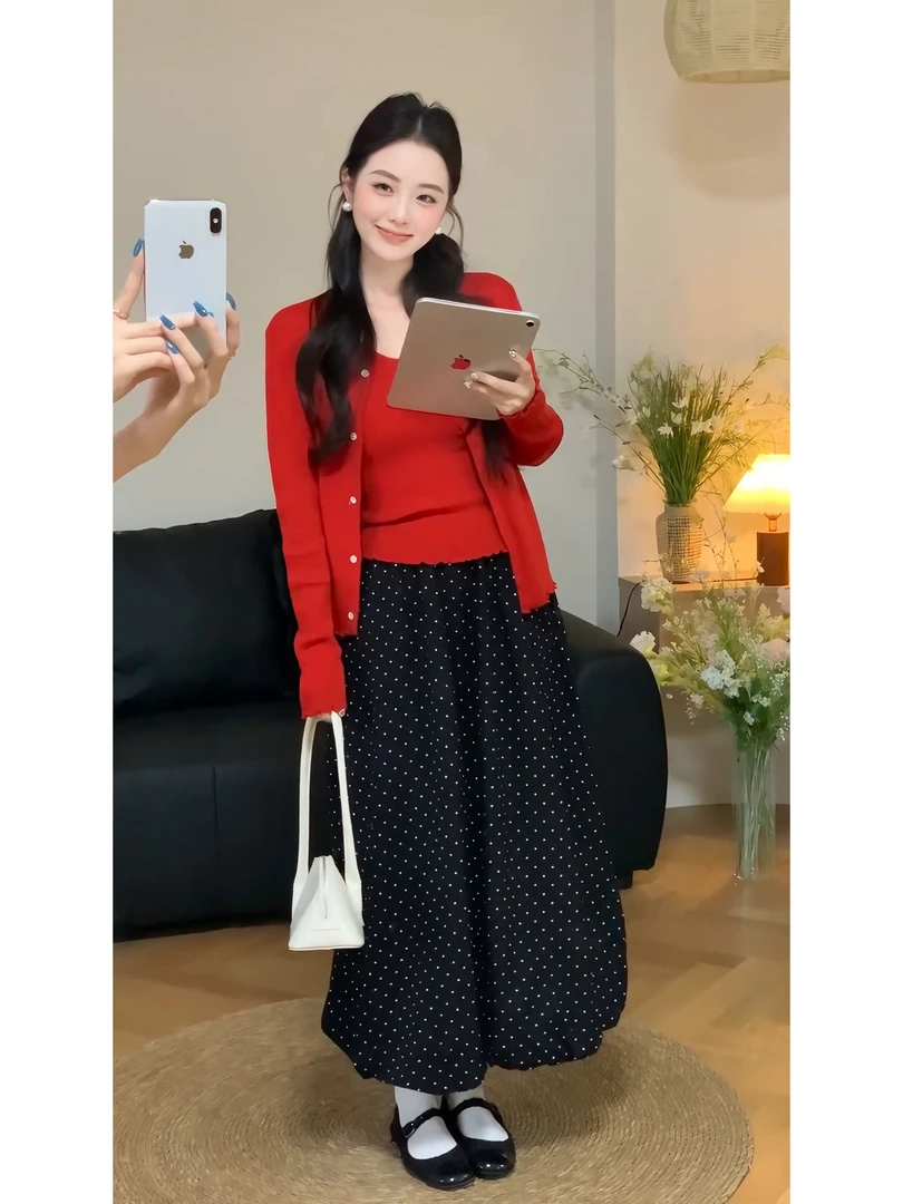 2025秋季新款高级感气质红色开衫背心上衣高腰波点半身裙三件套女