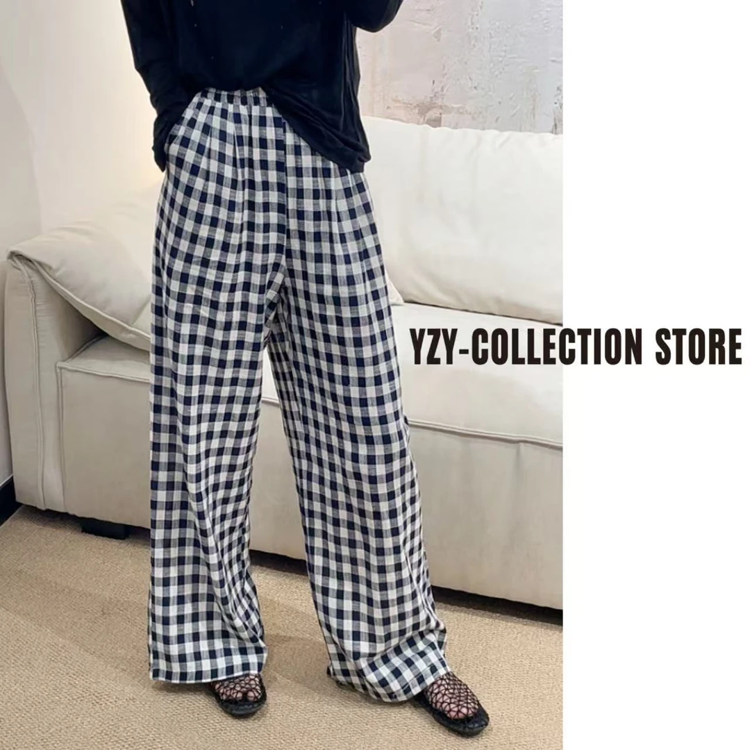 （一只羊）格子阔腿裤休闲裤藏青色夏天裤子垂感格子裤