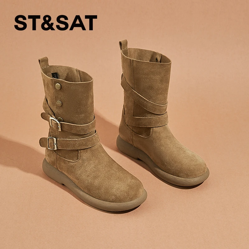 星期六中筒马丁靴女士2025新款秋冬加绒防寒女靴德美拉西部短靴女