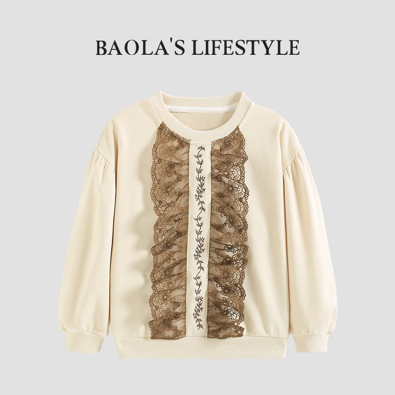 春日奶咖【高定】韩系复古春季女童时尚休闲时尚蕾丝拼接卫衣-LC016