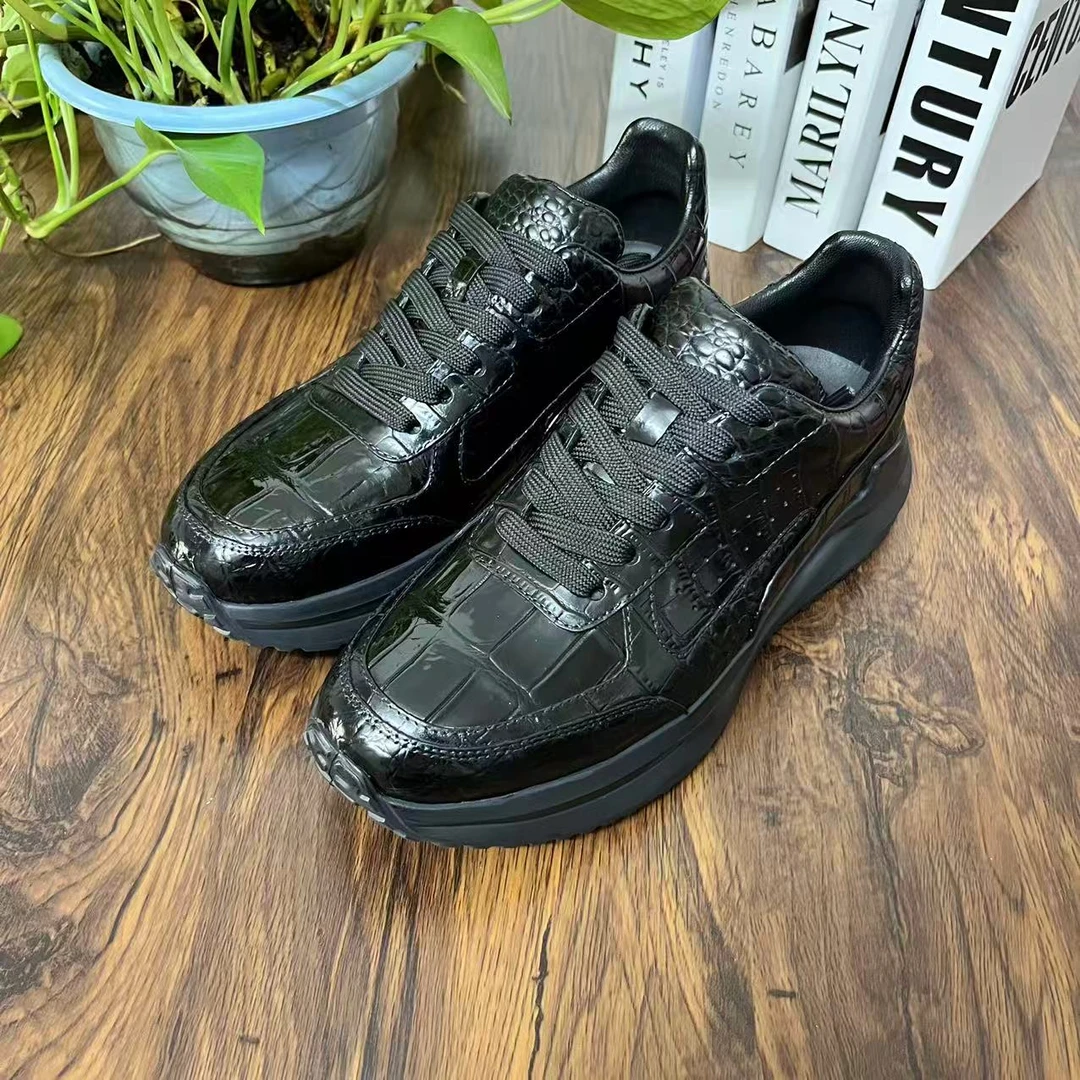 男士鳄鱼皮黑色透气休闲潮流低帮轻质男款休闲鞋