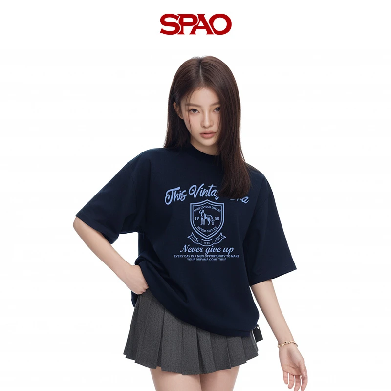 SPAO韩国慵懒风短袖t恤男女款夏季宽松小领口上衣纯棉透气半袖DZ