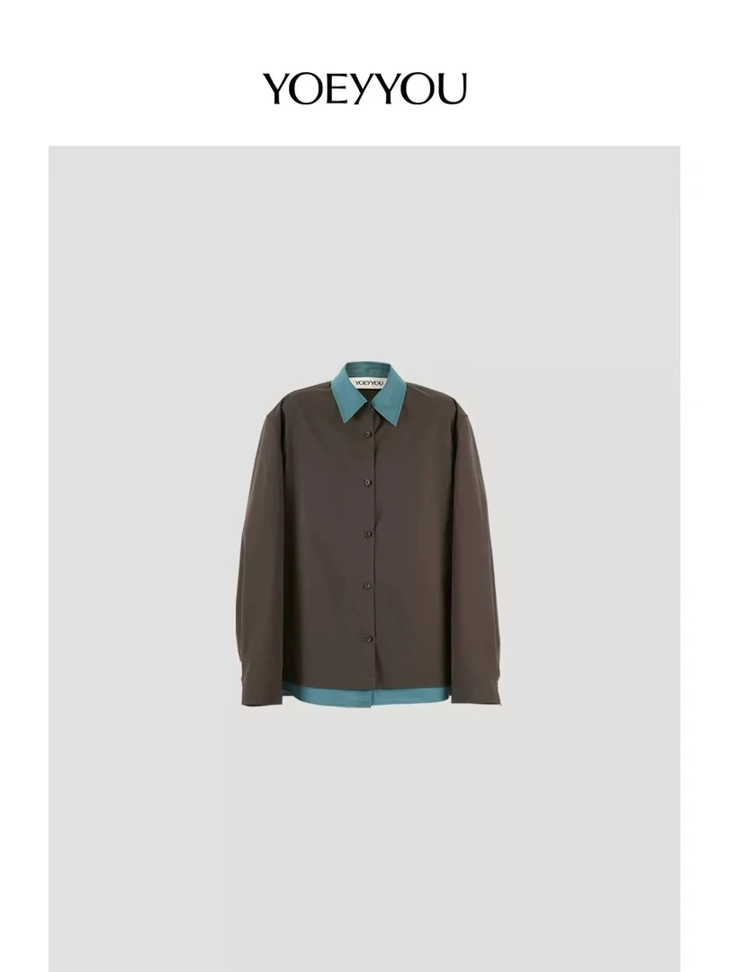 YOEYYOU假两件衬衫女2025春新品撞色高级感复古廓形宽松长袖衬衣