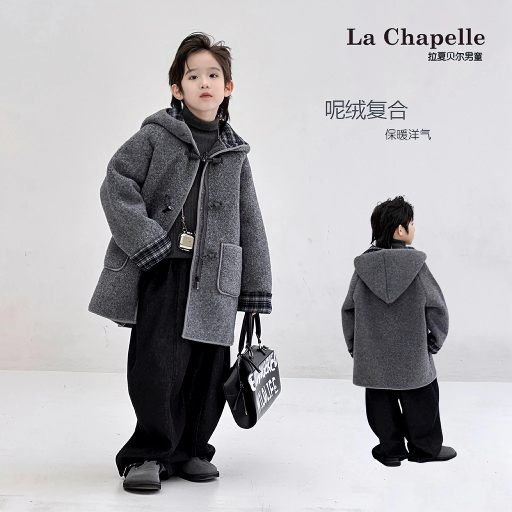 拉夏贝尔儿童洋气加绒毛呢大衣2026冬装中长款加厚连帽风衣外套