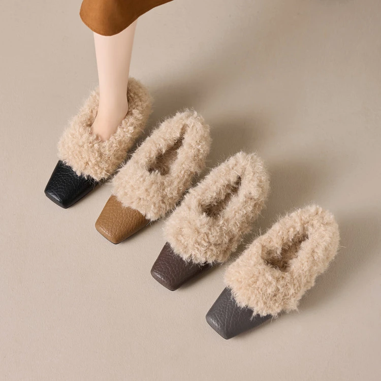 荔枝纹牛皮~4.5cm复古方头羊卷毛保暖毛毛鞋内增高一脚蹬坡跟单鞋