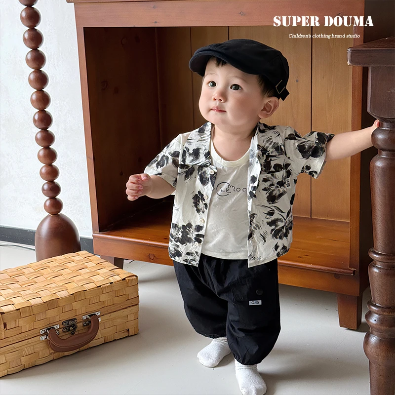 又酷又飒的男童夏装男宝宝夏日套装超韩洋气衬衫背心休闲裤三件套