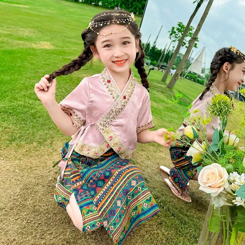 戴拉贝维【断码】女童傣族少数民族服饰中式表演出服小女孩国风粉色