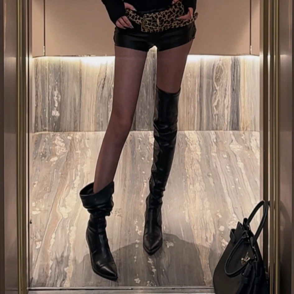 【PAN】牛仔骑士性感显瘦过膝增高显瘦尖头粗跟长筒高跟靴子P465