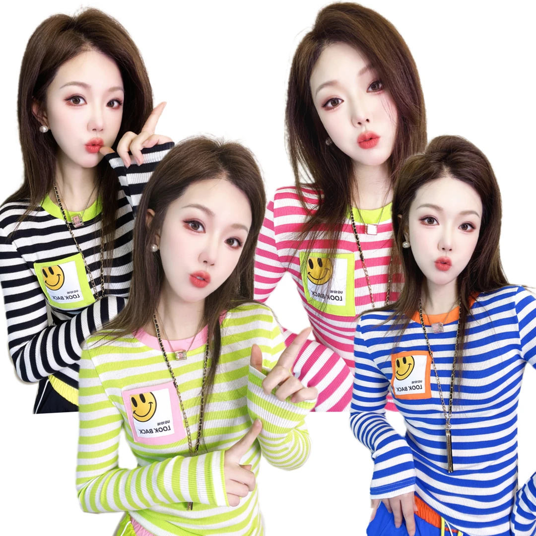 A132春装新款原创潮牌修身显瘦个性纯棉彩色条纹打底衫长袖T恤女