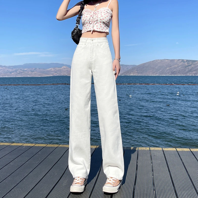 春季白色时尚简约大方爆款高腰窄版直筒牛仔裤垂感拖地阔腿长裤子