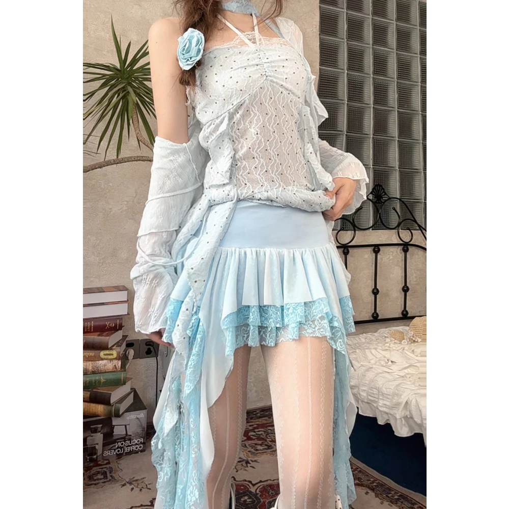 ｛缎蓝轻浪｝不规则淡蓝色设计感短裙女半身裙夏季 显瘦飘带设计感