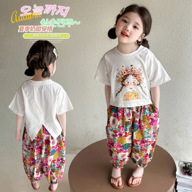 女童短袖套装洋气时髦儿童碎花防蚊裤休闲两件套小女孩时髦夏装潮