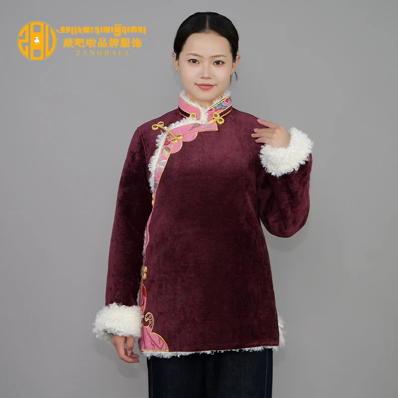 藏吧啦女士雪妮尔中长款贴绣棉衣民族风女款藏式棉服冬季保暖