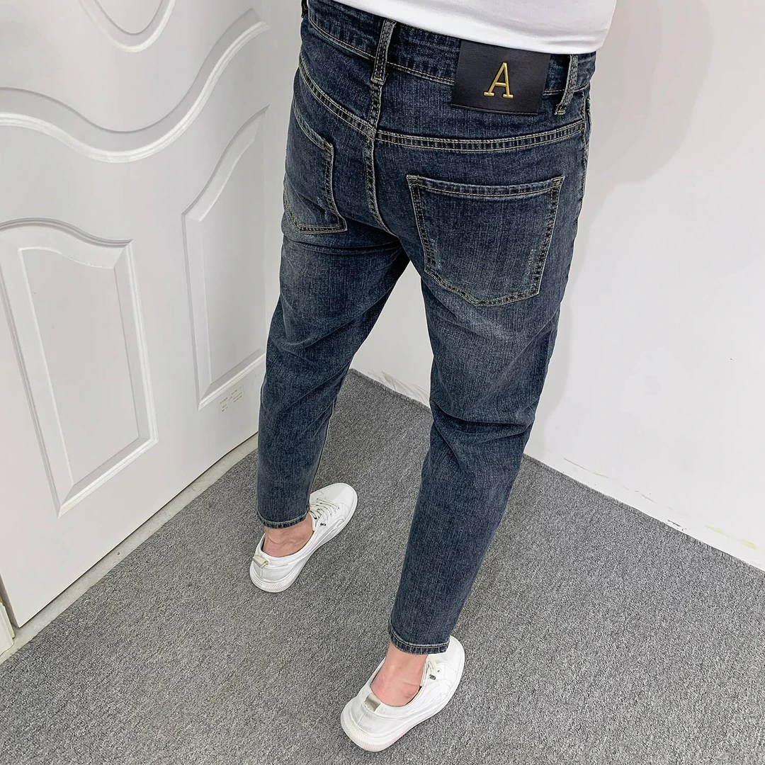 复古九分牛仔裤男夏季薄款轻奢潮牌修身小脚休闲复古百搭痞帅长裤