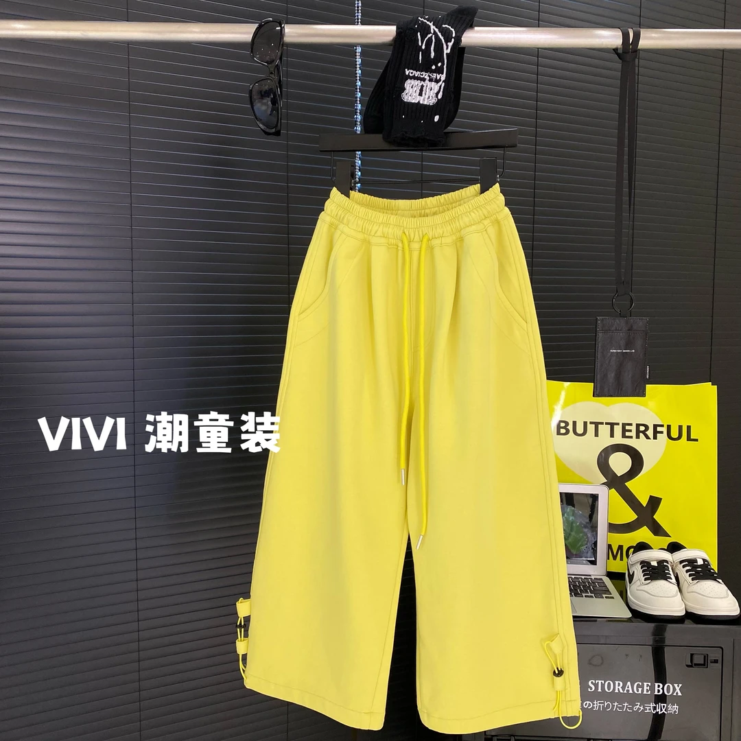 VIVI童装 2025春款潮流中大童时尚荧光黄百搭直筒长裤欧若风