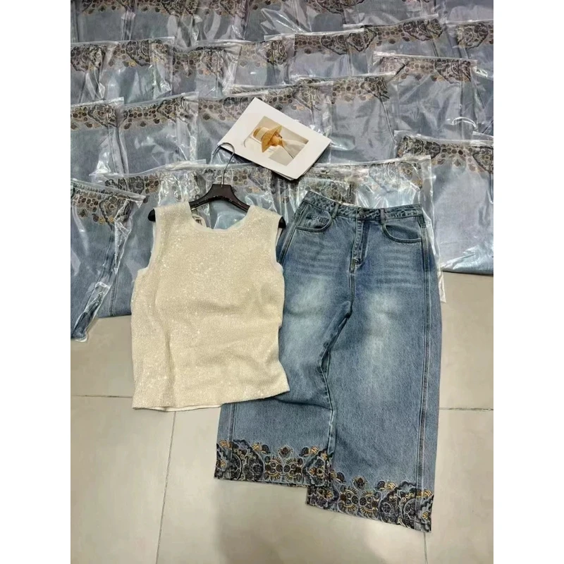 欧货南油高端2025夏新款重工小众复古高腰显瘦刺绣边八分牛仔裤女