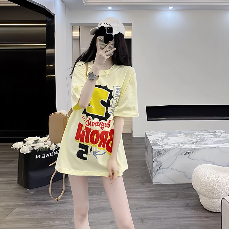 黄色短袖女t恤夏季宽松2025新款圆领纯棉设计感小众潮牌半袖上衣