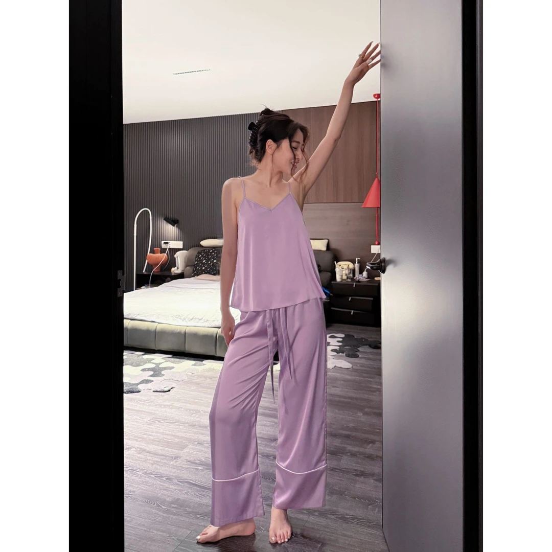 double oo睡衣免文胸缎面吊带9分裤纯色简约家居服紫色套装