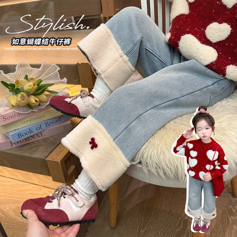 新年款女童加绒牛仔裤儿童一体绒阔腿裤女孩加厚直筒裤子宝宝冬装