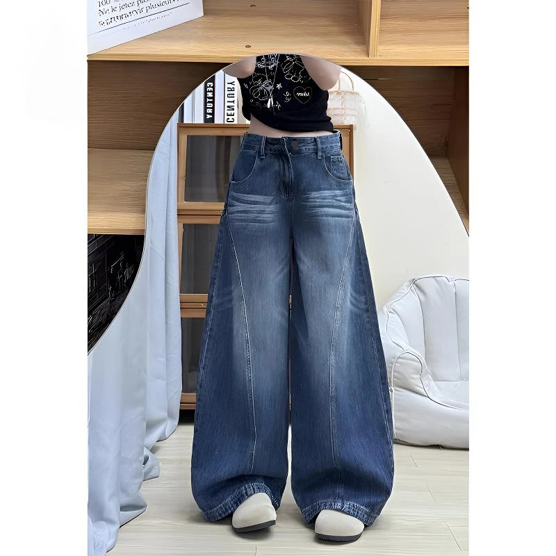 美式高街复古蓝弯刀阔腿牛仔裤女2025新款高腰梨型宽松百搭拖地裤
