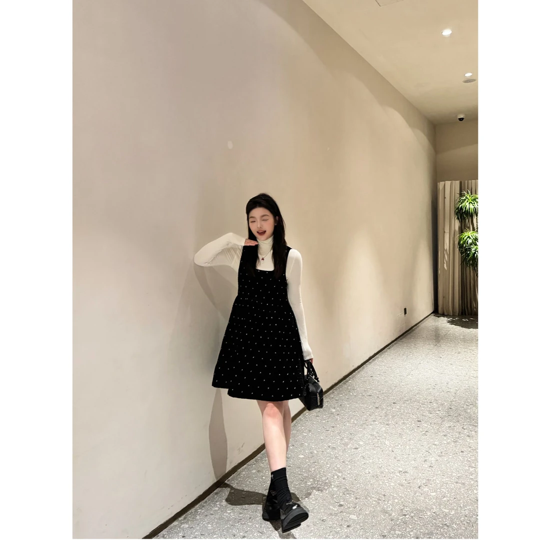 【嘉伯利千金！】法式小香风方领金丝绒闪钻背心连衣裙