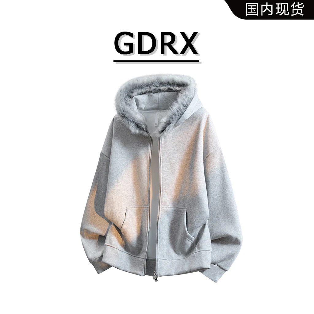 GDRX港风痞帅男装夹克2025秋冬季纯色双开拉链开衫连帽毛领外套