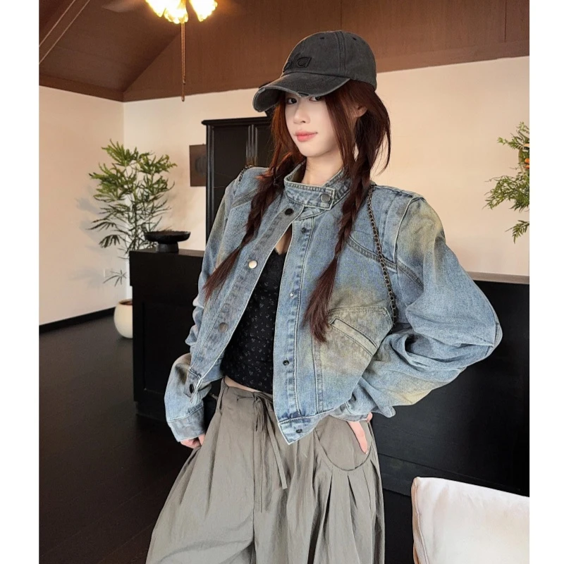 欧若风早春新款小众设计美式复古做旧风涂鸦漆宽松牛仔外套8715