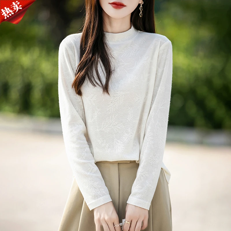 哥弟阿玛施正品春秋新款简约蕾丝提花百搭长袖针织衫时髦女士上衣