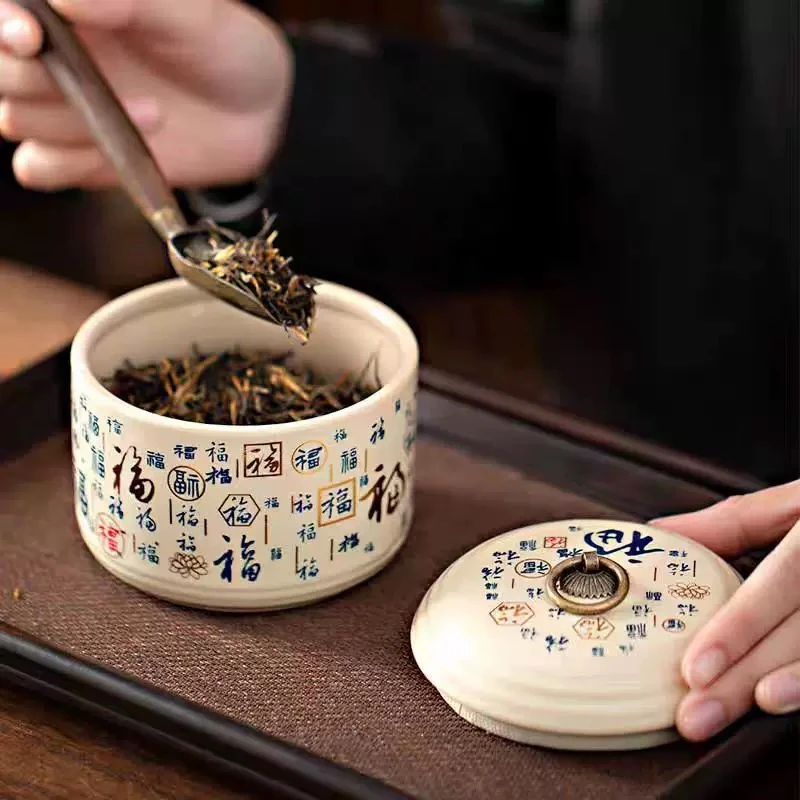 中式迷你百福茶叶罐陶瓷密封罐存储茶罐家用精品防潮罐ZH581