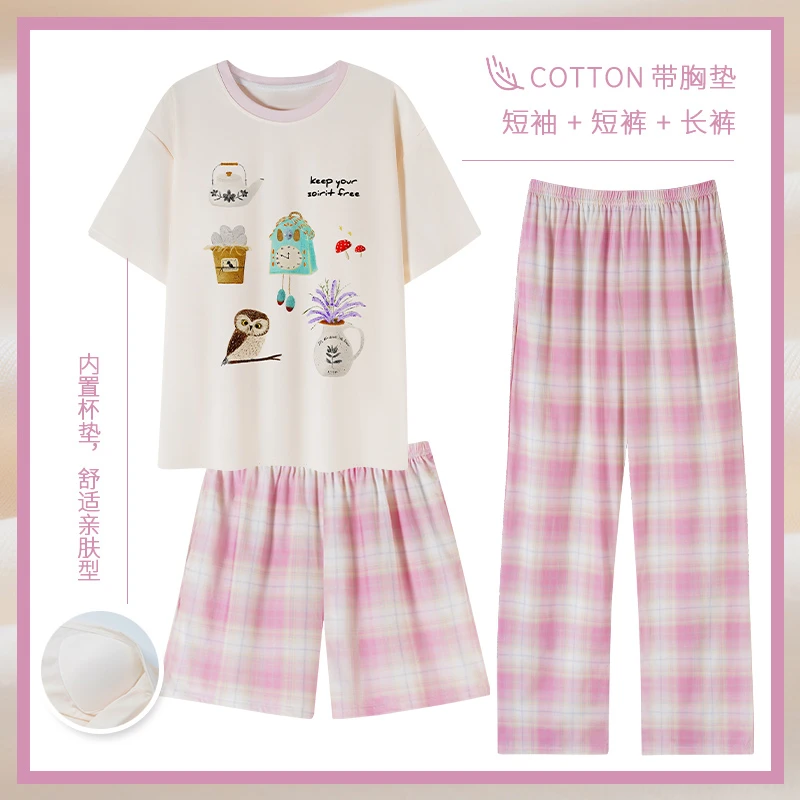 睡衣女夏季短袖带胸垫纯棉插画印花薄款宽松可外穿家居服三件套装