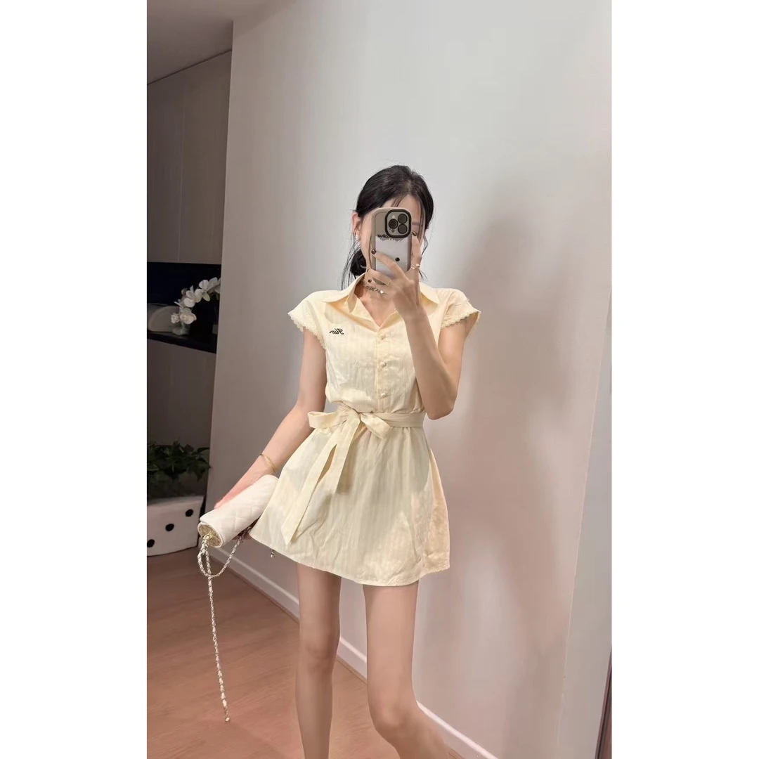 2025夏季新款法式收腰绑带字母刺绣衬衫裙白色连衣裙裙子