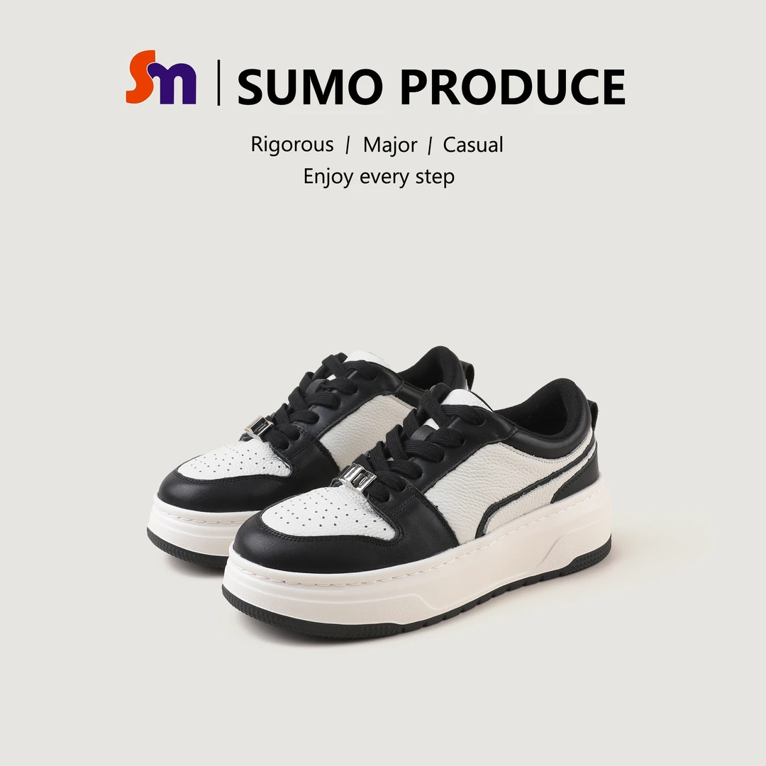 素陌秋冬头层牛皮加绒厚底板鞋真皮增高鞋女百搭拼色休闲鞋87080