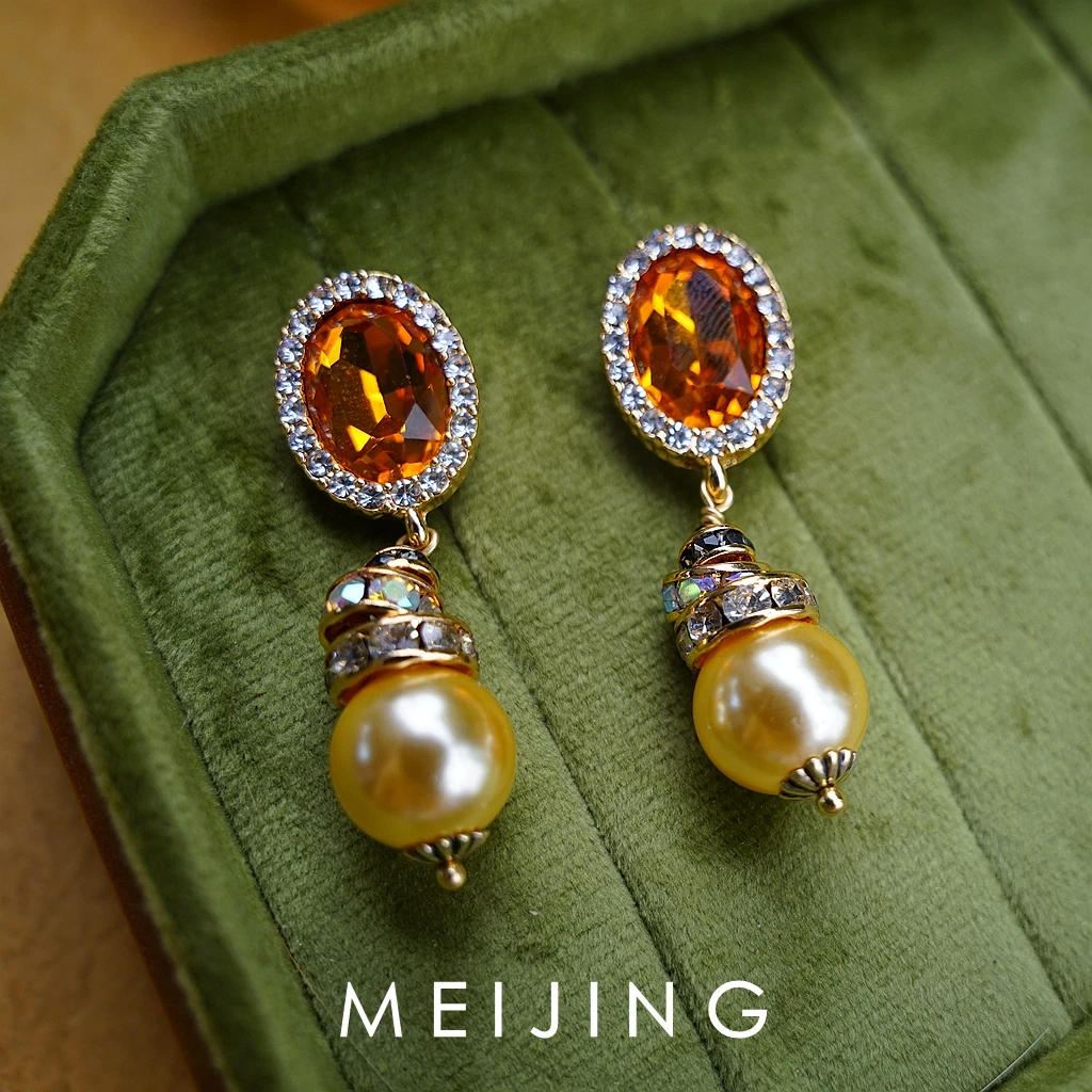 黄铜仿珍珠耳饰 复古优雅气质香槟金时尚设计师满镶华丽珍珠耳环