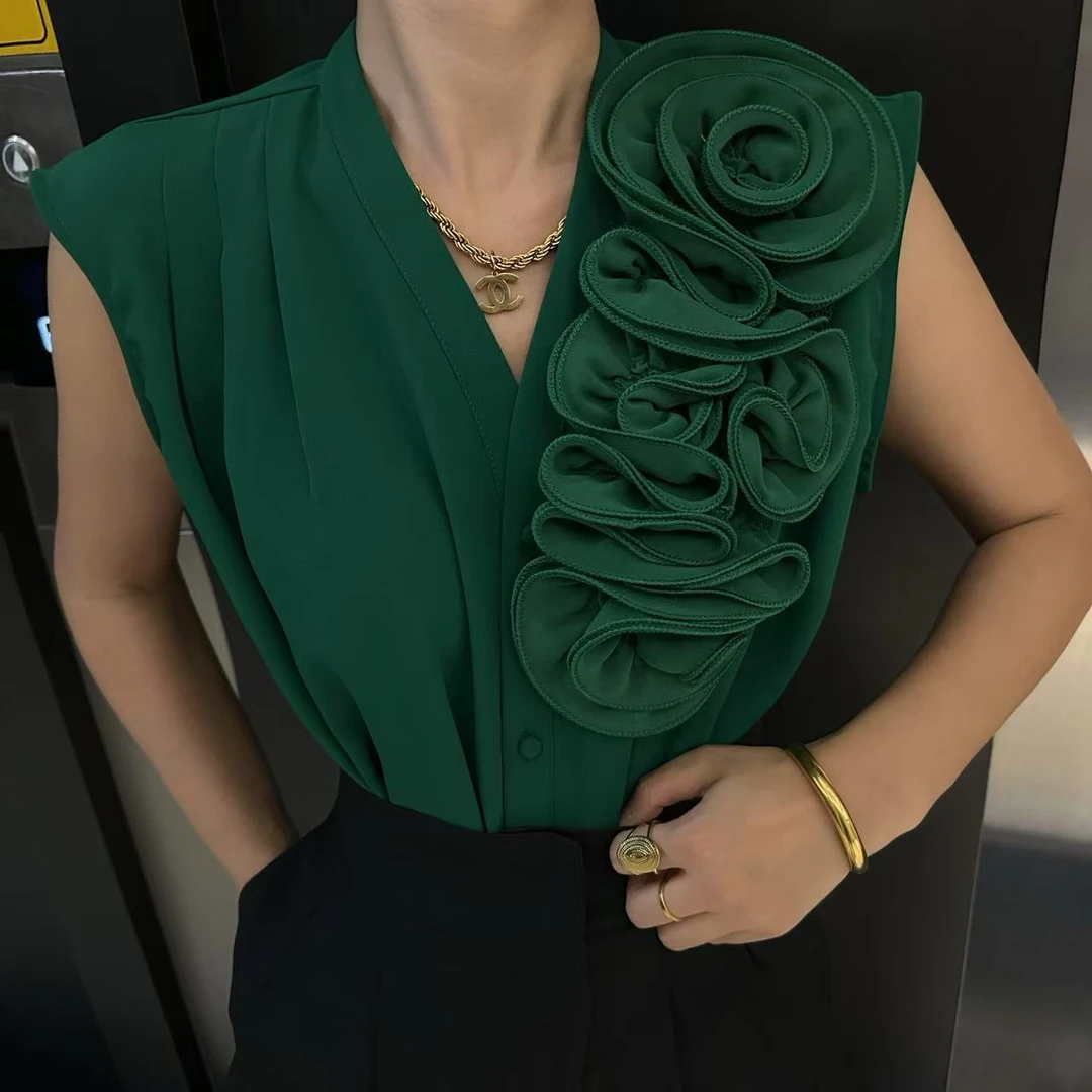 气质夏季褶皱立体装饰设计感名媛衬衫四季通用上衣花朵