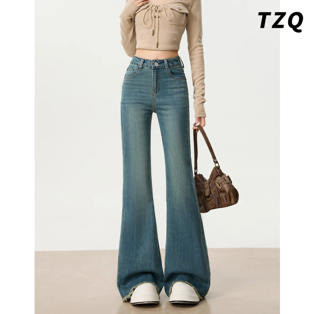 淘稚气复古微喇牛仔裤女2025秋季爆款高腰百搭显瘦毛边喇叭裤子