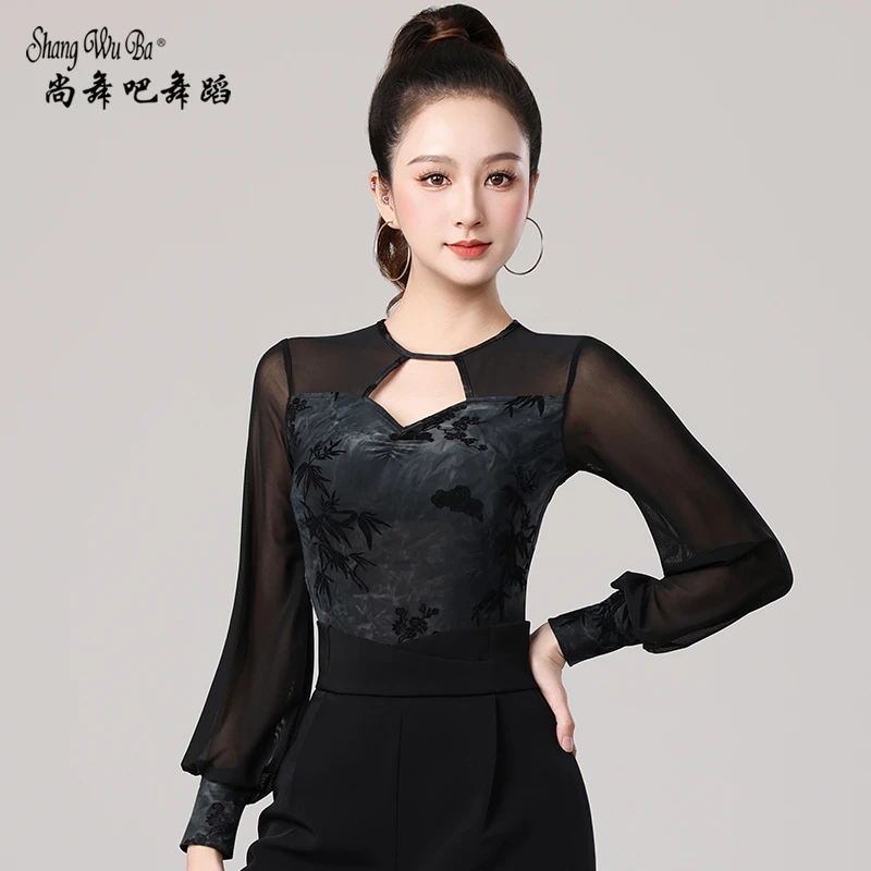 摩登舞服2025新款女士舞蹈上衣长袖拉丁舞练功服表演服印花连体衣